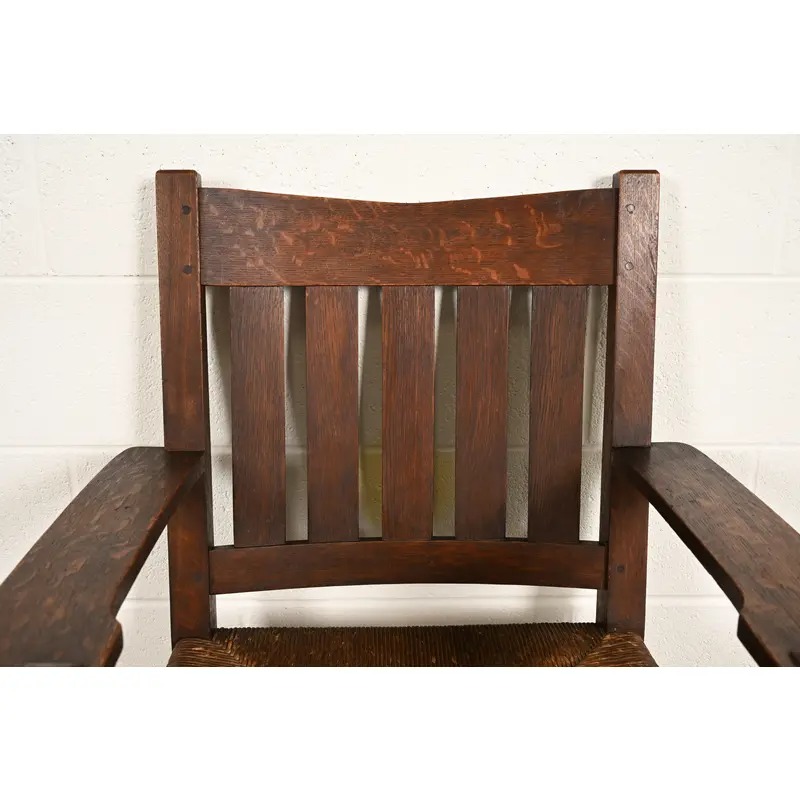 Gustav Stickley Antique Mission Oak Arts & Crafts Armchair With Rush Seat, Circa 1910 - Image 6