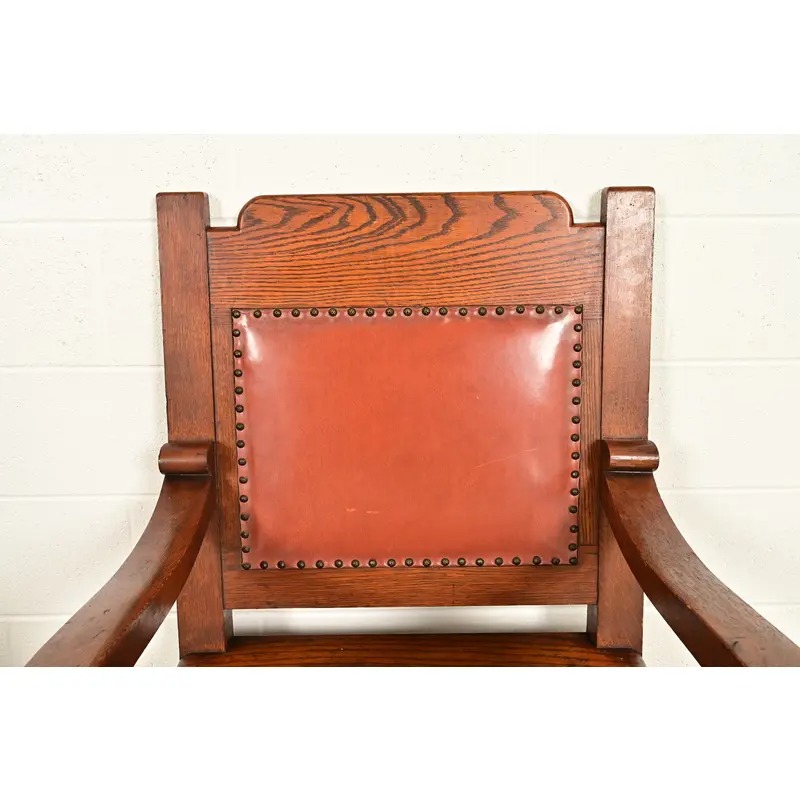 Harden Furniture Style Antique Arts & Crafts Carved Oak Library Chairs, Pair - Image 6