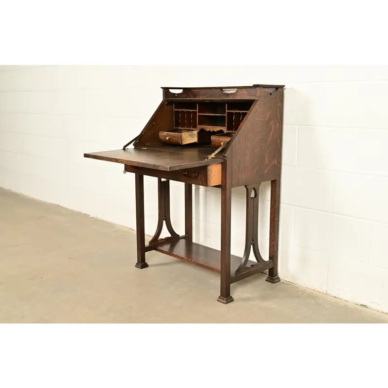 Stickley Brothers Style Antique Mission Oak Arts & Crafts Drop Front Secretary Desk With Inlaid Marquetry, Circa 1910 - Image 6