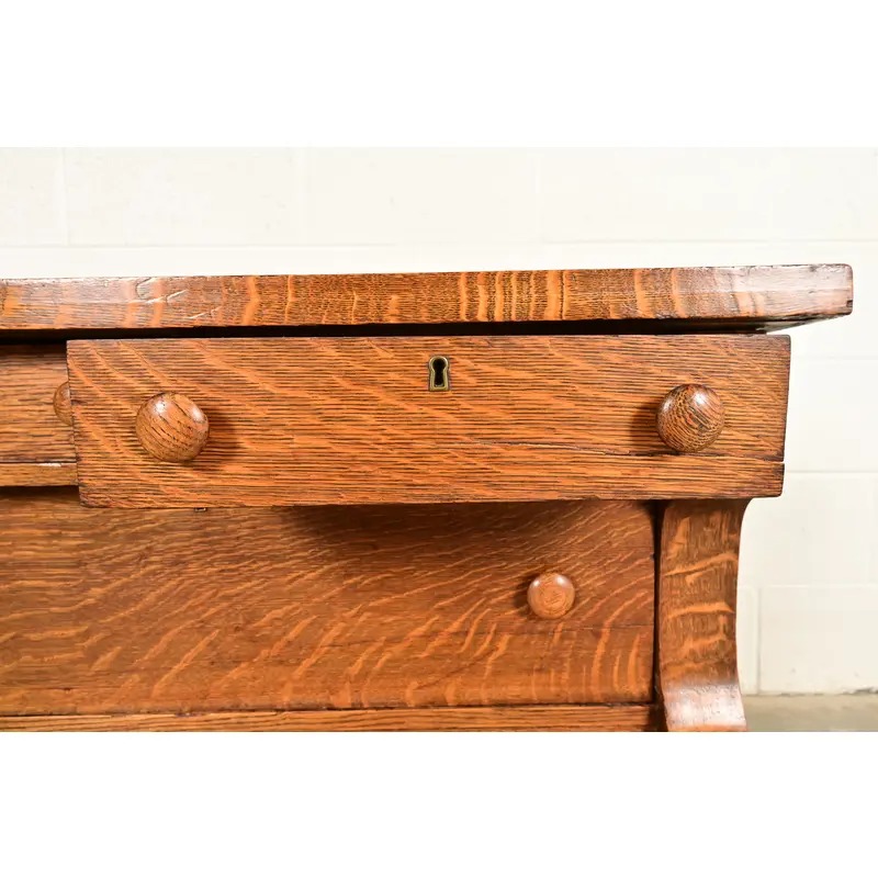 Antique American Empire Carved Tiger Oak Lowboy Dresser, Circa 1900 - Image 7