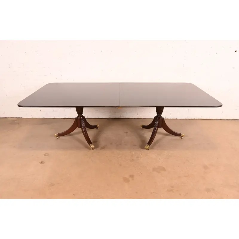 Baker Furniture Style Georgian Mahogany Double Pedestal Extension Dining Table, Newly Refinished - Image 7