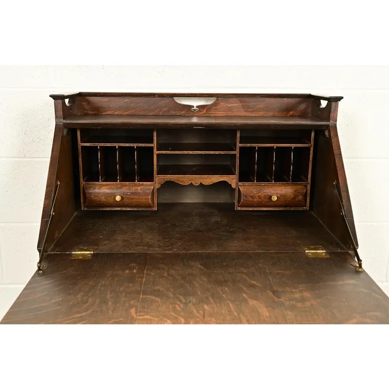 Stickley Brothers Style Antique Mission Oak Arts & Crafts Drop Front Secretary Desk With Inlaid Marquetry, Circa 1910 - Image 7