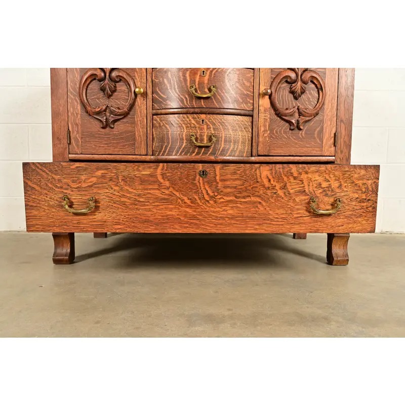 Antique Victorian Carved Tiger Oak Sideboard or Bar Cabinet, Circa 1890s - Image 8