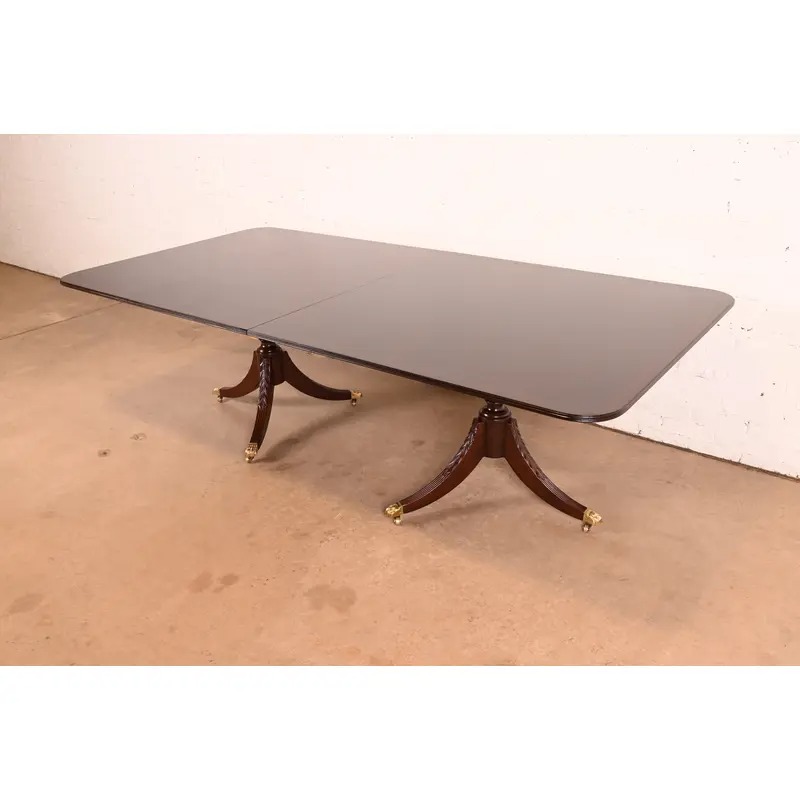 Baker Furniture Style Georgian Mahogany Double Pedestal Extension Dining Table, Newly Refinished - Image 8