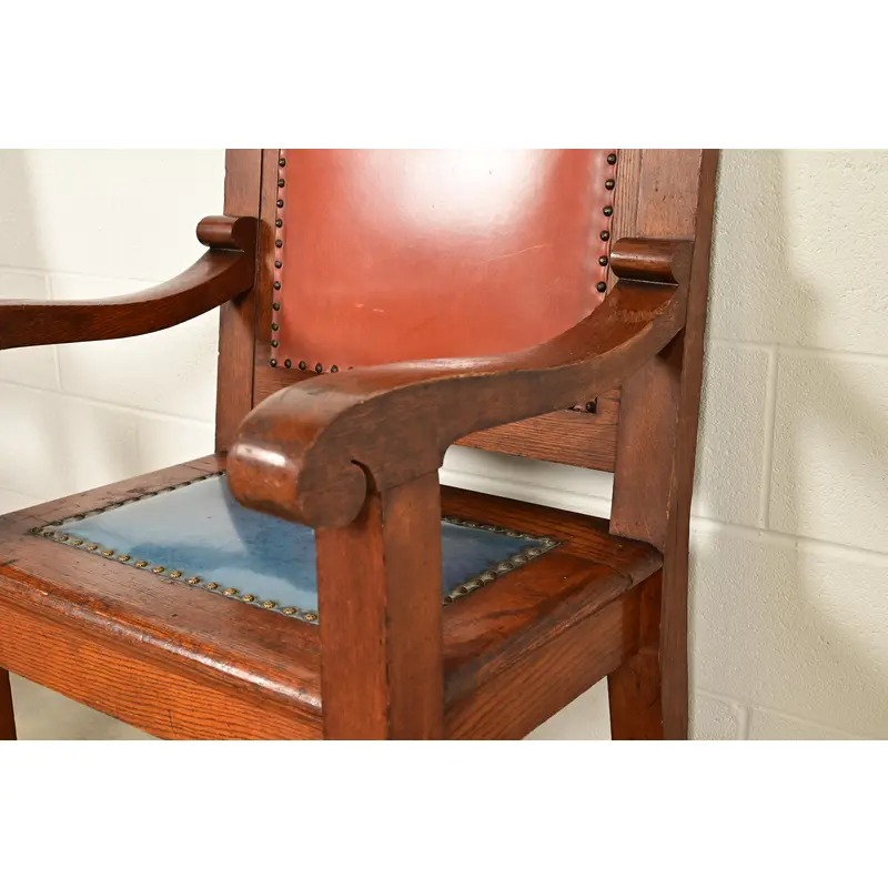 Harden Furniture Style Antique Arts & Crafts Carved Oak Library Chairs, Pair - Image 8