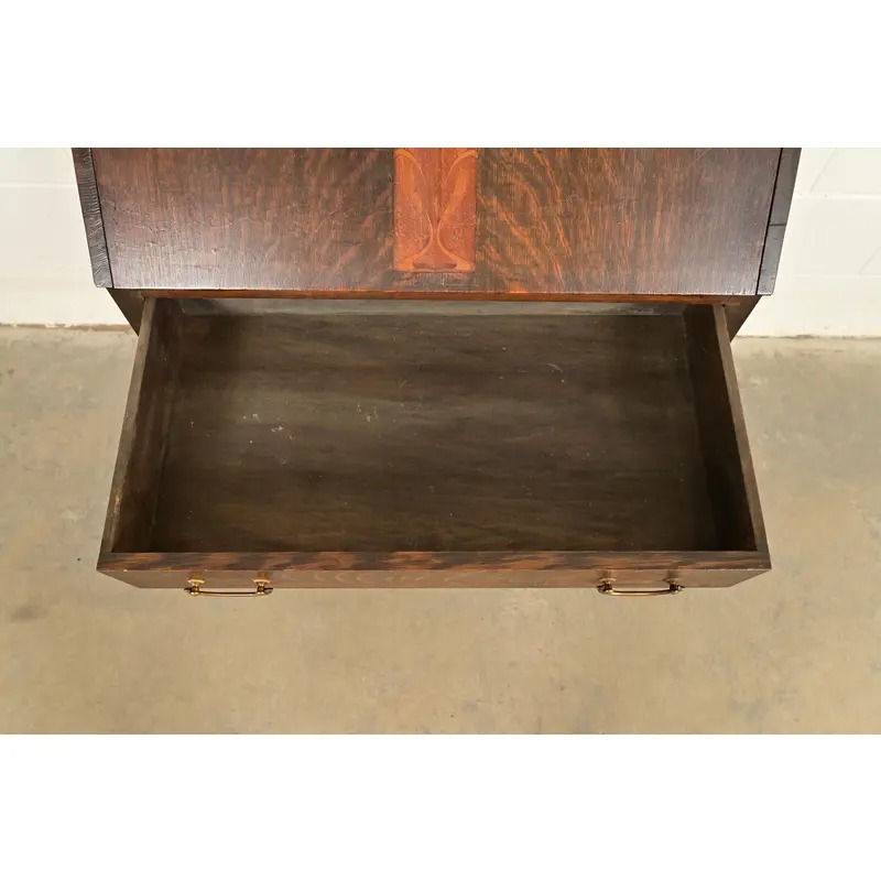 Stickley Brothers Style Antique Mission Oak Arts & Crafts Drop Front Secretary Desk With Inlaid Marquetry, Circa 1910 - Image 8