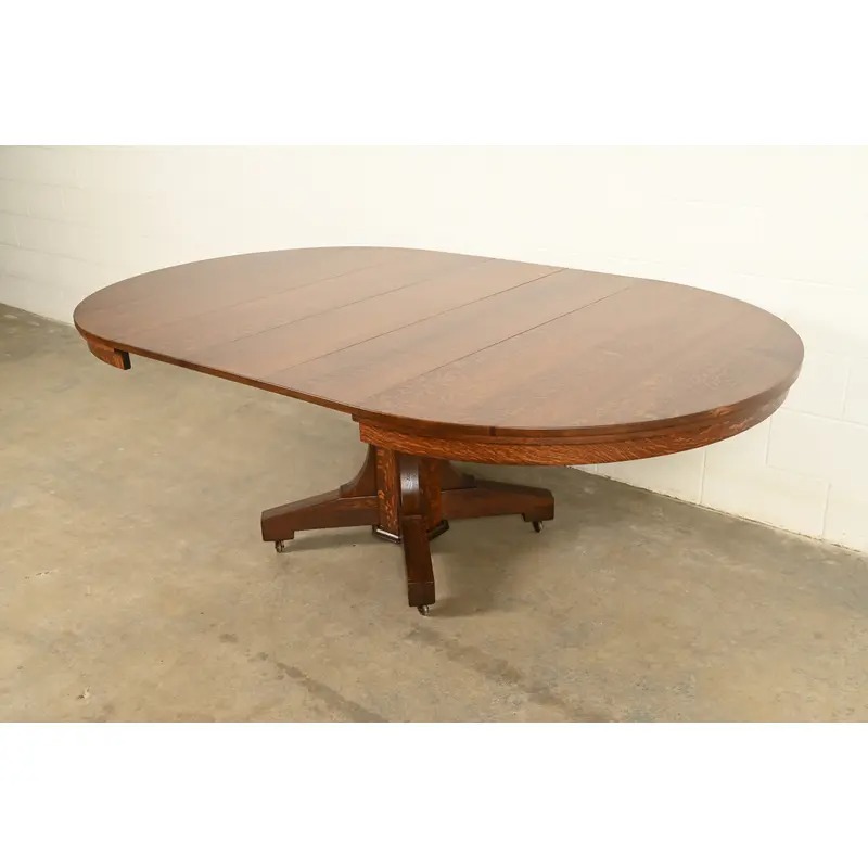 Stickley Brothers Style Antique Mission Oak Arts & Crafts Pedestal Extension Dining Table, Newly Refinished - Image 8