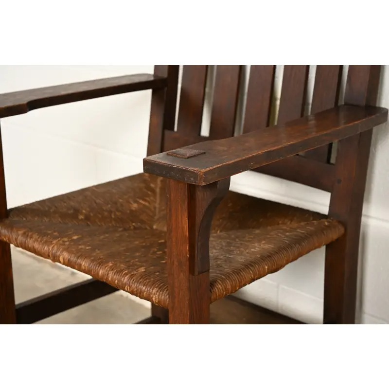 Gustav Stickley Antique Mission Oak Arts & Crafts Armchair With Rush Seat, Circa 1910 - Image 9
