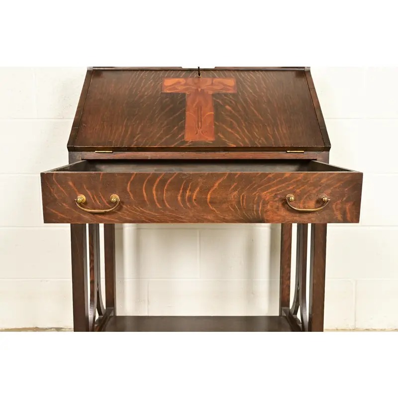 Stickley Brothers Style Antique Mission Oak Arts & Crafts Drop Front Secretary Desk With Inlaid Marquetry, Circa 1910 - Image 9
