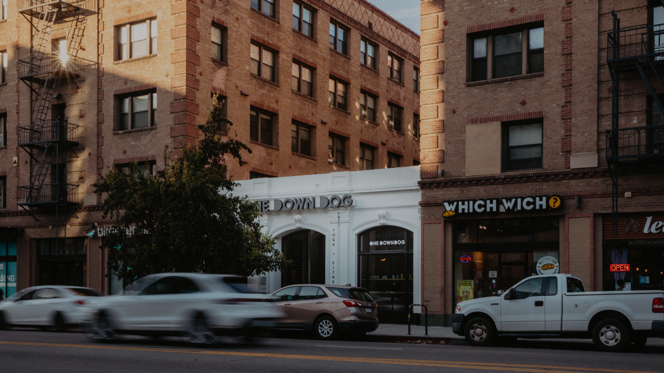 front of yoga studio and busy neighborhood from across hollywood blvd in East Hollywood la