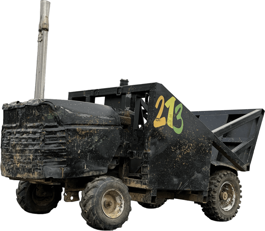 Justin Mertz's custom-built demolition derby mower, number 213, named Splatter.