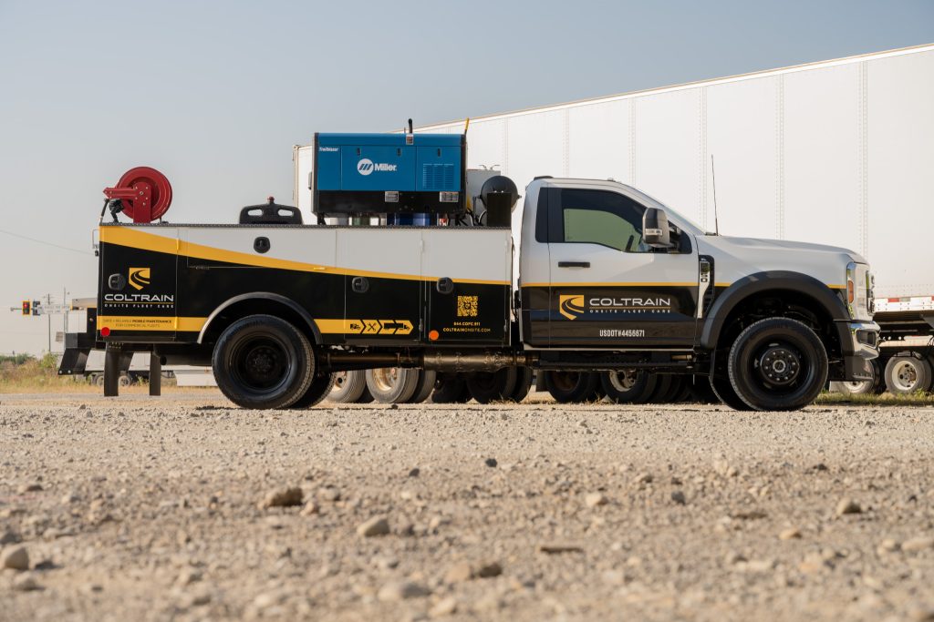 Coltrain Onsite Fleet Care mobile service truck equipped with a Miller welder and hose reel for on-site fleet repairs.