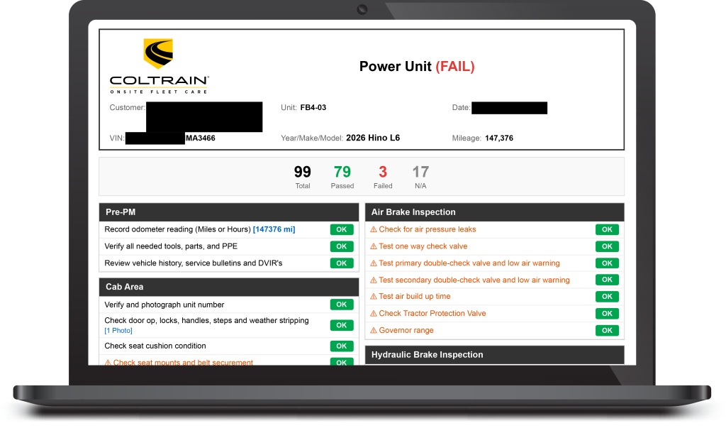 SHIELD™ report from Coltrain Onsite Fleet Care showing a completed power unit inspection with pass, fail, and N/A results.