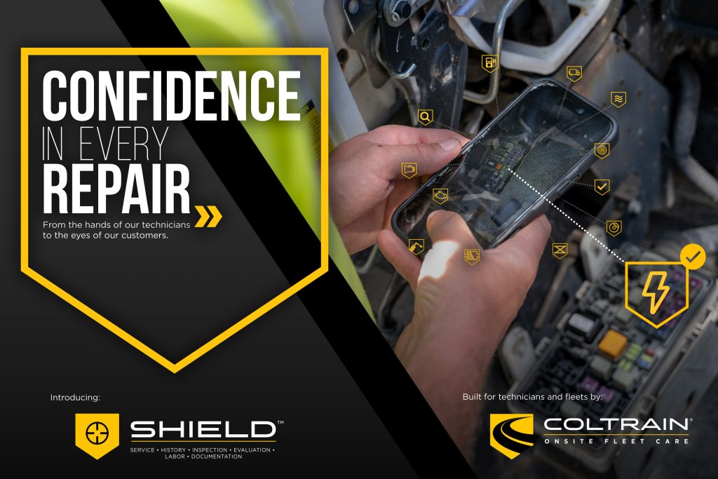 Coltrain Onsite Fleet Care SHIELD™ promo graphic showing a technician documenting a repair with a smartphone under the tagline 'Confidence in Every Repair.'
