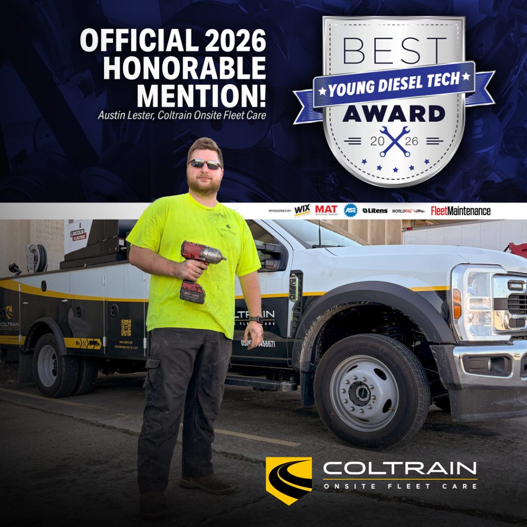 Austin Lester, 2026 Best Young Diesel Tech Award nominee, beside a Coltrain Onsite Fleet Care service truck