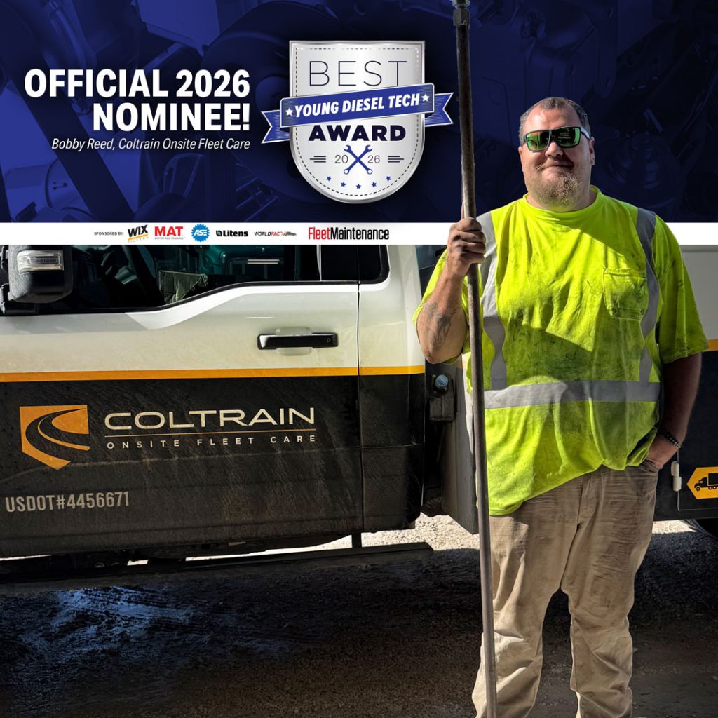 Bobby Reed, 2026 Best Young Diesel Tech Award nominee, beside a Coltrain service truck in Central Texas