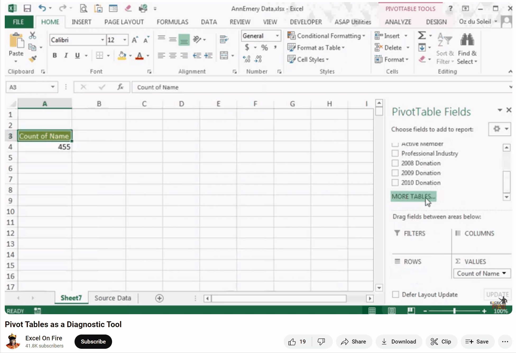 A GIF screen recording of Oz Du Soleil's YouTube video, in which he drags and drops variables inside a Microsoft Excel pivot table