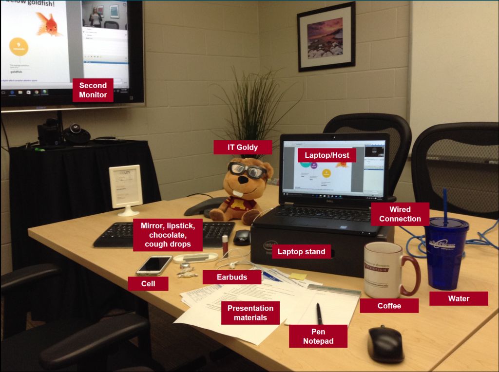 Karen Matthes from the University of Minnesota Extension writes, "Ann, I love the photo of your webinar setup! It is much cleaner than mine but here is a photo of my command center that I've shared in my 'Intro to WebEx' training workshops. I use this slide to stress the importance of being prepared during a webinar. Having a second monitor is really helpful. I use our conference room computer as my second monitor."