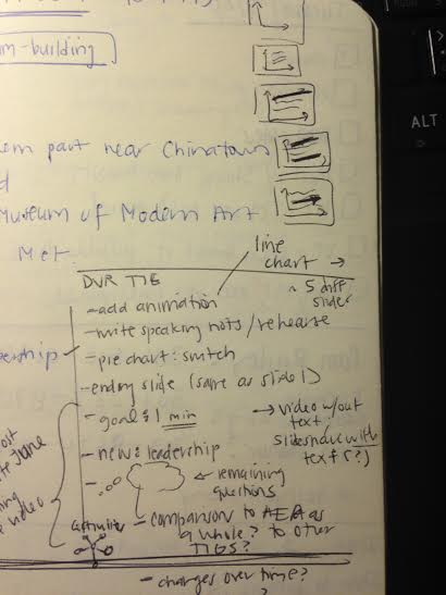 Detailed storyboarding outline with notes written on a large notepad.