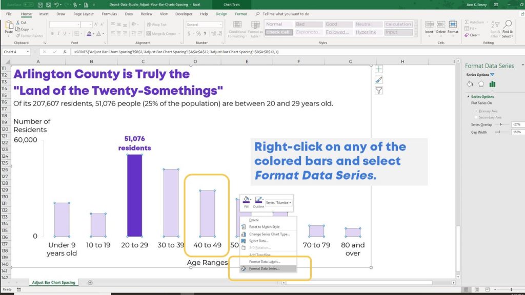 To reduce the white spacing in between the bars in your histogram, right-click on any of the colored bars and select "Format Data Series."