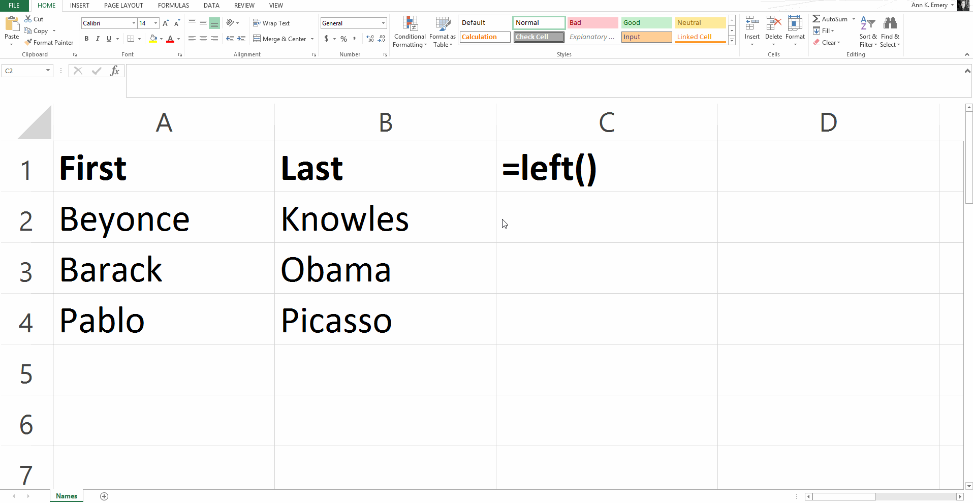 Ann K. Emery on parsing out the first character of a word in Excel