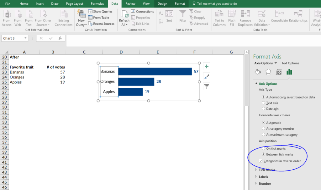 Check the box that says Categories in Reverse Order to, you know, reverse the order of your chart's categories.