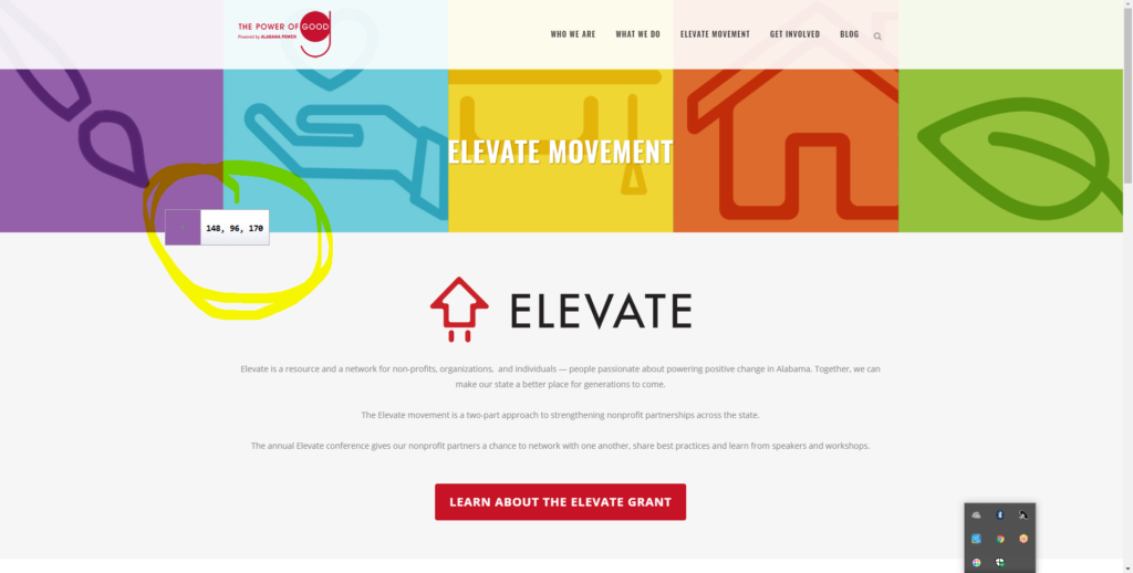 Let’s pretend that I wanted to visualize data for the Alabama Power Elevate Movement, where I recently led a three-day workshop and keynoted their conference for the Foundation’s grantees. I pulled up their website. Then, I clicked on the Instant Eyedropper icon from my System Tray. I held down my mouse and hovered over the purple section of the website.