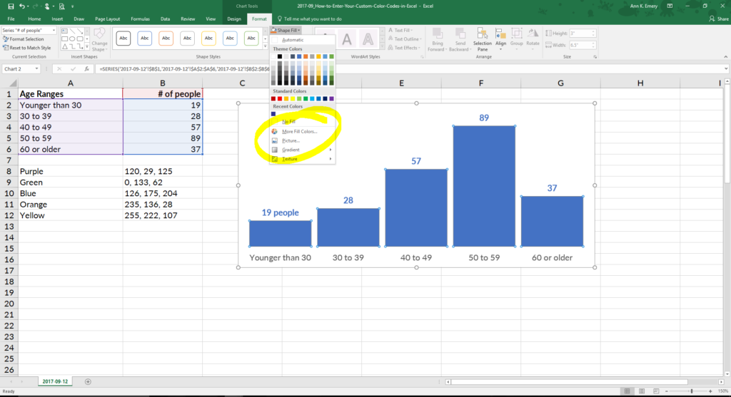 Go to Chart Tools, then Format, and then Shape Outline (line graphs) or Shape Fill (all other types of graphs, like this one). Ignore the default colors! Go to the bottom where it says More Fill Colors.