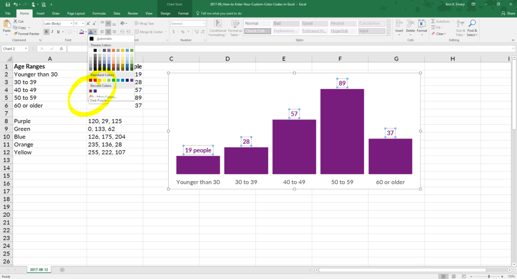 I used 120, 29, 125, which is the exact shade of purple from a client's logo.