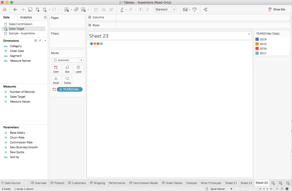Save and close your text editor and open Tableau! To test your colors, open up a sample dataset. On a worksheet, drag a dimension onto the Color Mark. You’ll immediately see those basic default colors but don’t worry – we’re fixing that!