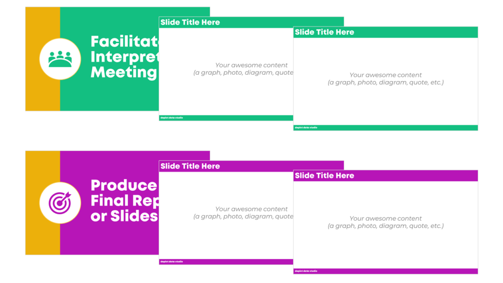 Repeat the same wording, color, and icons. Your voice will tell the audience that a new topic is beginning. The new colors will also provide a visual cue that a new topic is beginning.