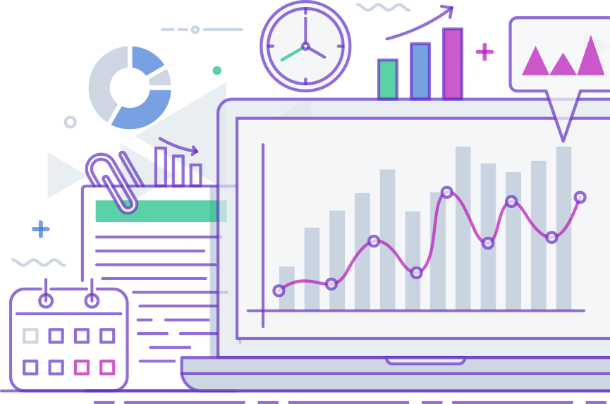 A collage of laptops, clocks, calendars, and charts in Depict Data Studio's purple, blue, green, and fuchsia color palette.
