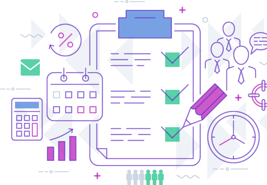 Collage of clipboard, clock, people, calendar and calculator.