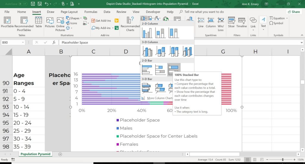 Go to the Insert tab and choose a 100% Stacked Bar Chart. 
