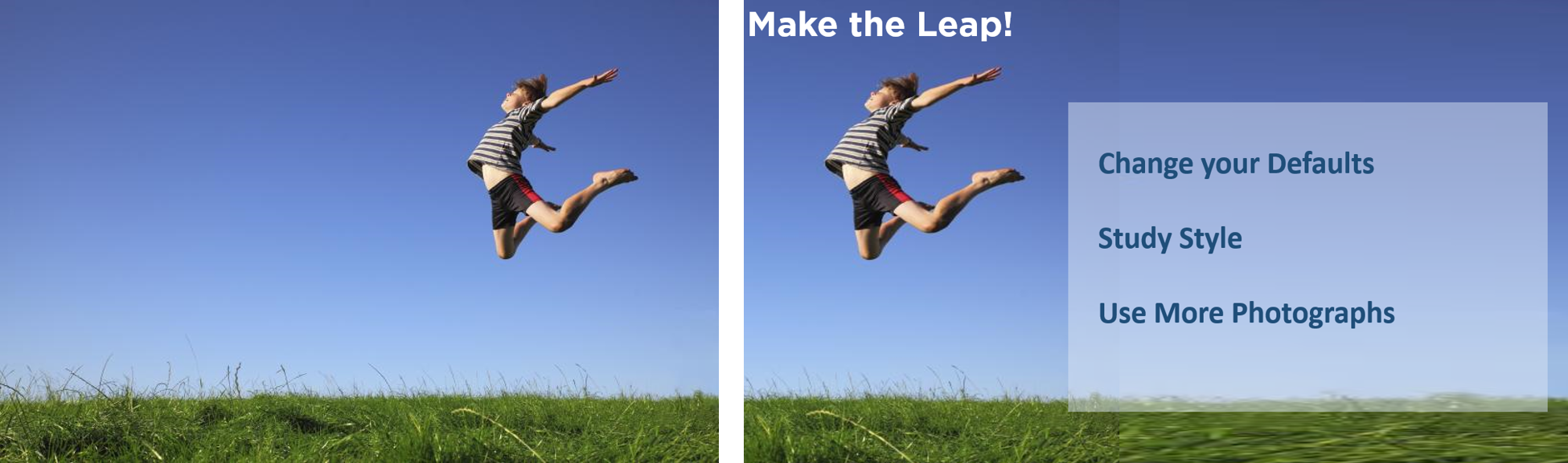Screenshot of identical images of boy jumping in the air with one image having text added.