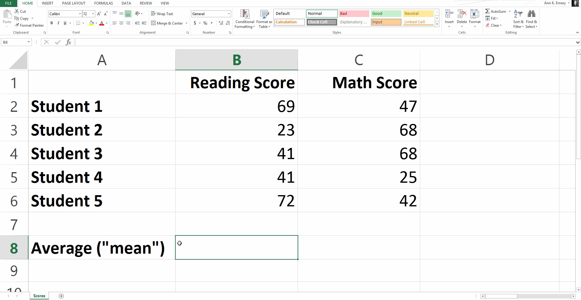 Screenshot of an Excel sheet that outlines how to calculate the average (aka mean) score.