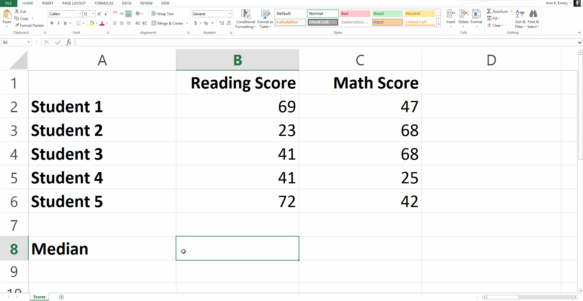 Screenshot of an Excel sheet showing how to calculate the median or middle value.