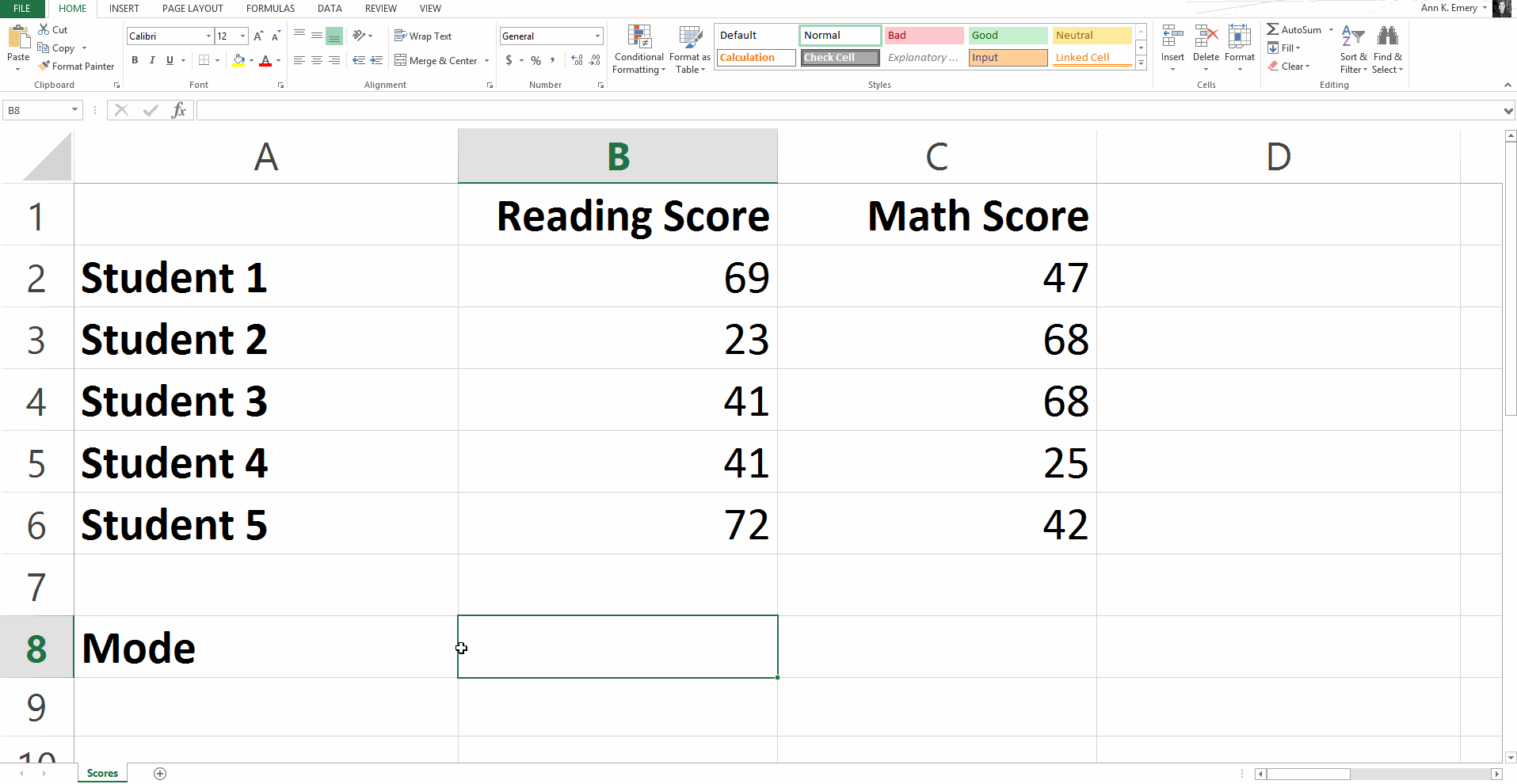 Screenshot of an Excel sheet showing how to calculate the mode, or the most-occurring number in a set of numbers.