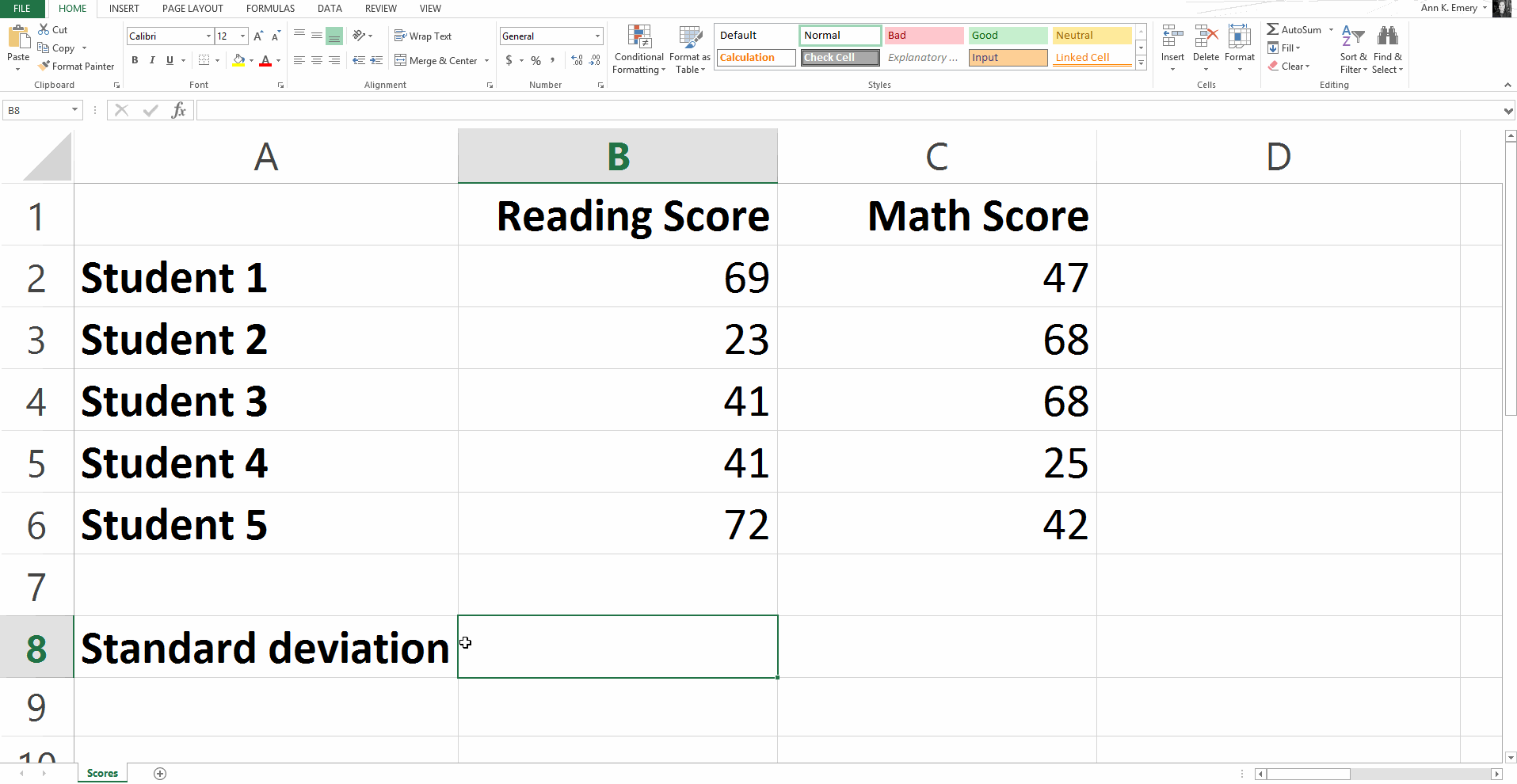 Screenshot of an Excel sheet showing how to calculate the standard deviation, or how to measure how stretched out a set of numbers is.