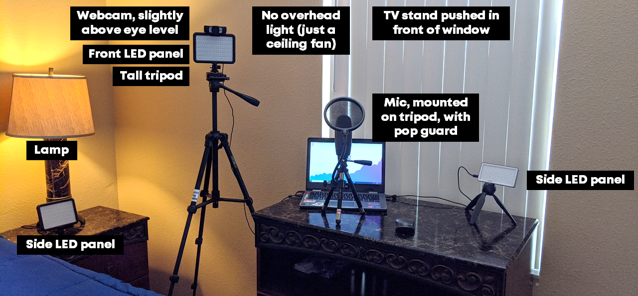 Picture of Ann K Emery's current home office set up that includes a webcam, LED light panels, tripods, microphone and different light sources.