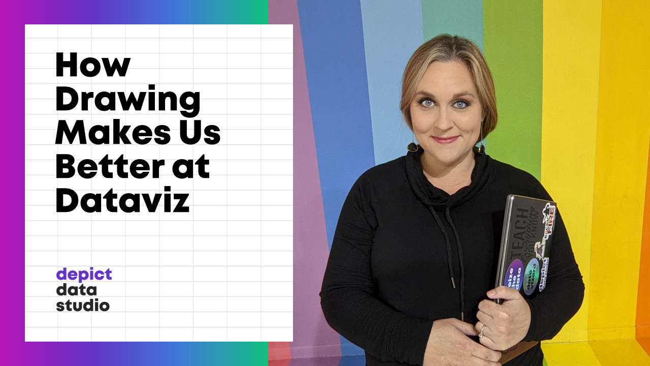 A picture of Ann K. Emery holding her laptop and smiling, alongside the text that says "How Drawing Makes Us Better at Dataviz."