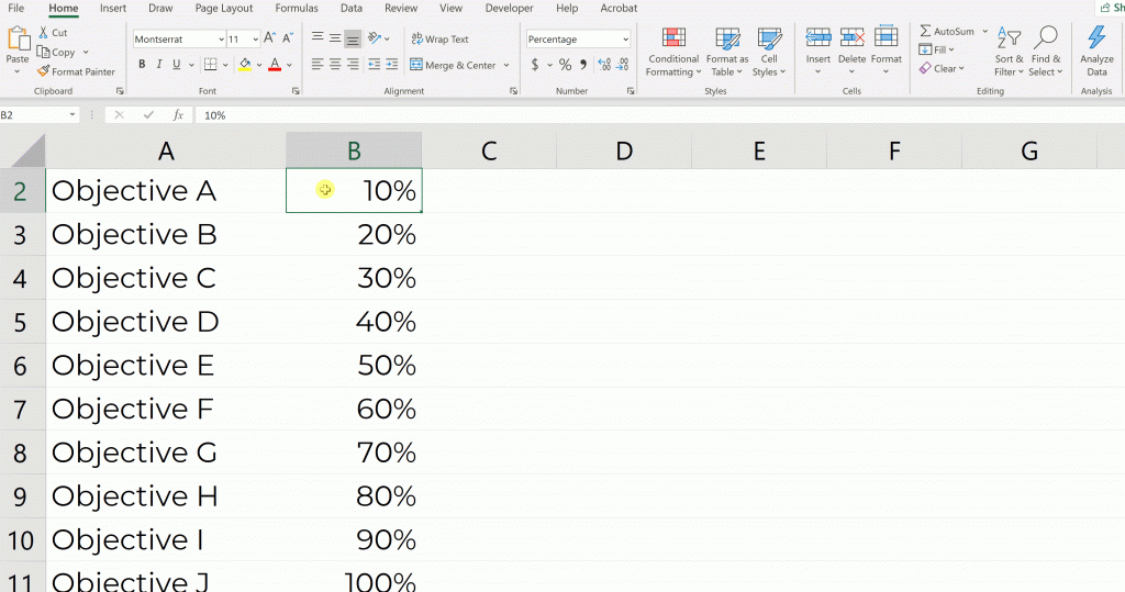 Highlight or select some of the values in your spreadsheet. You can use Conditional Formatting on numbers, percentages, currency, and even words.
