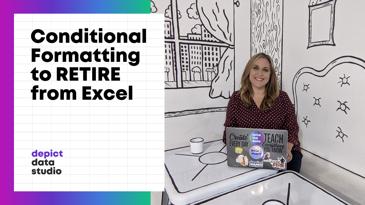 Ann K. Emery sitting at a table with her laptop. The blog post's keywords are in the image: "Conditional Formatting to RETIRE from Excel."