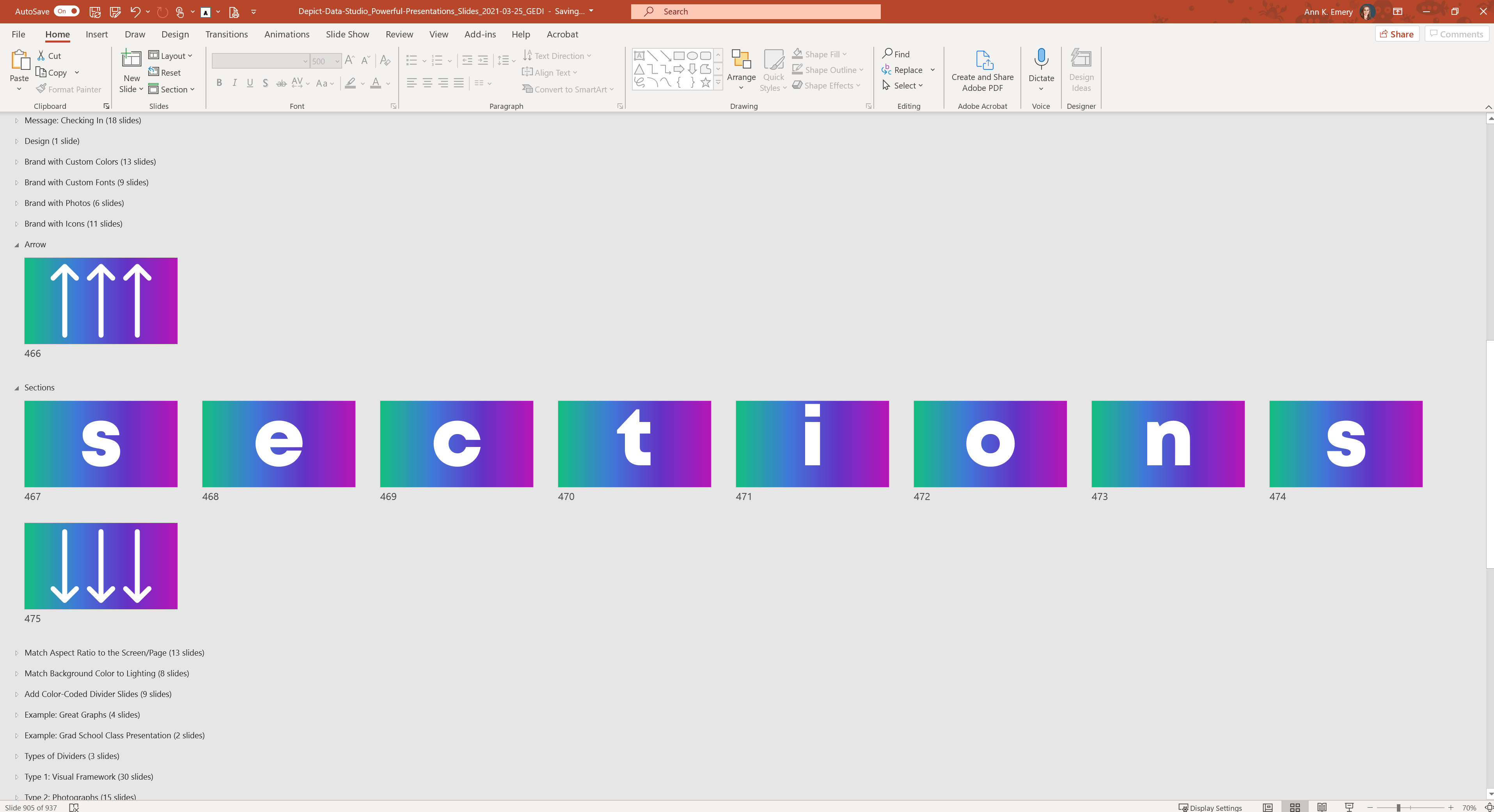 Use Sections in Microsoft PowerPoint to organize your slides better.