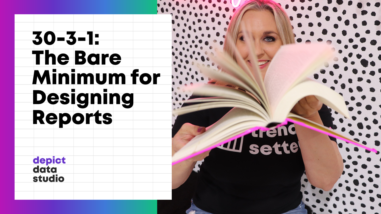Ann K. Emery holding a fanned out book wit the words: 30-3-1: The Bare Minimum for Designing Reports.