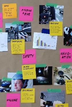 Board showing notes and pictures trying to determine which is the most important information.