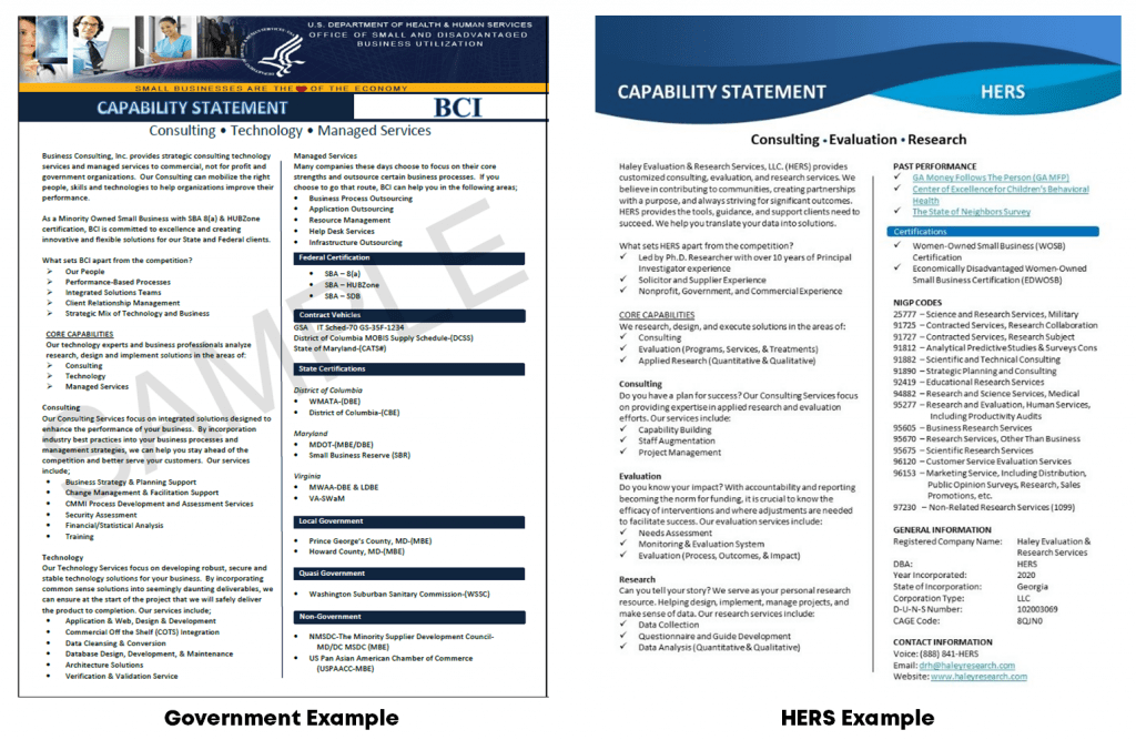 Lillian Haley based her company's capability statement off of an example provided on the U.S. Department of Health and Human Services website.