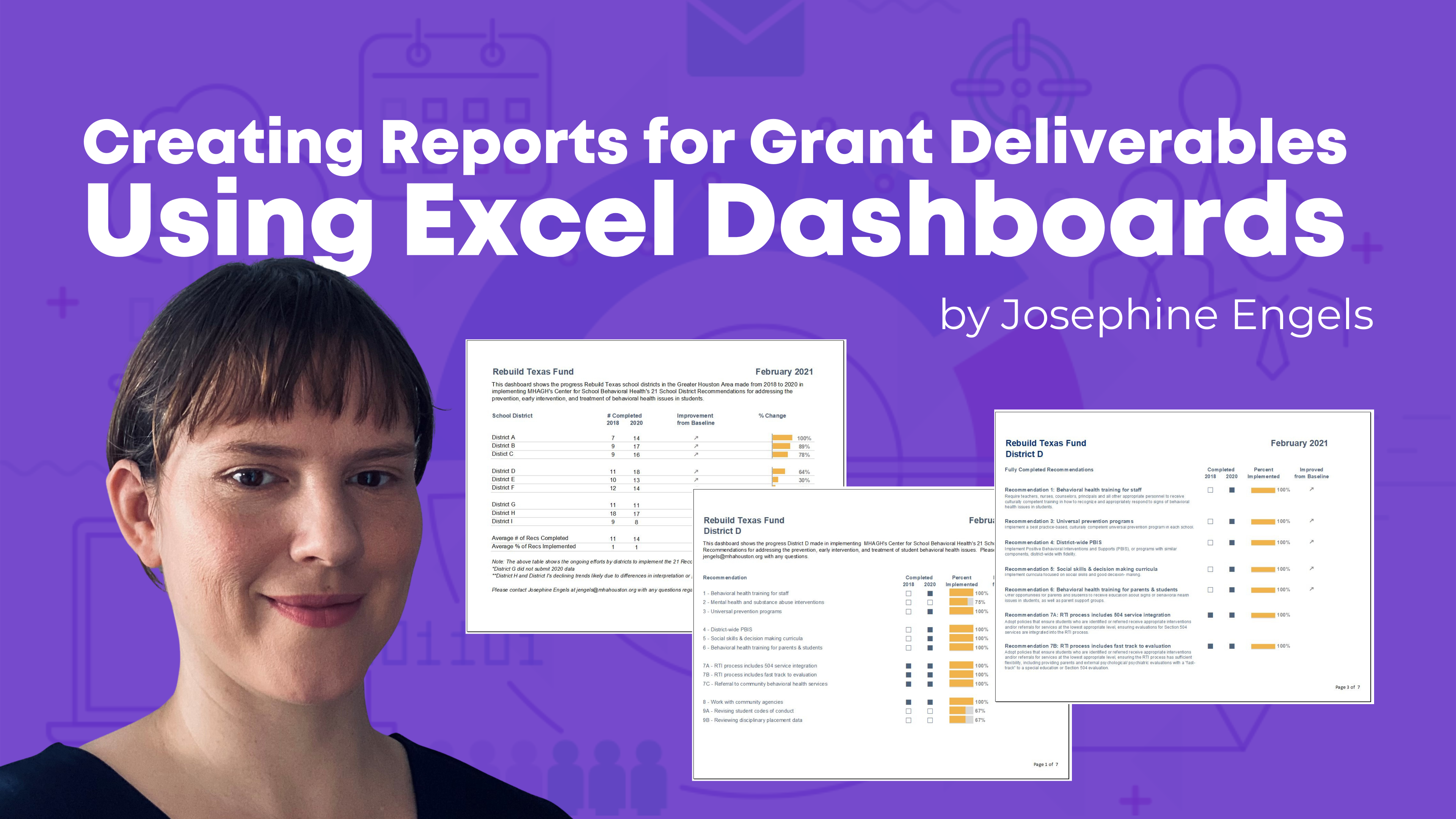 Josephine Engels' photograph plus screenshots of 3 dashboards she created for the district and individual schools.