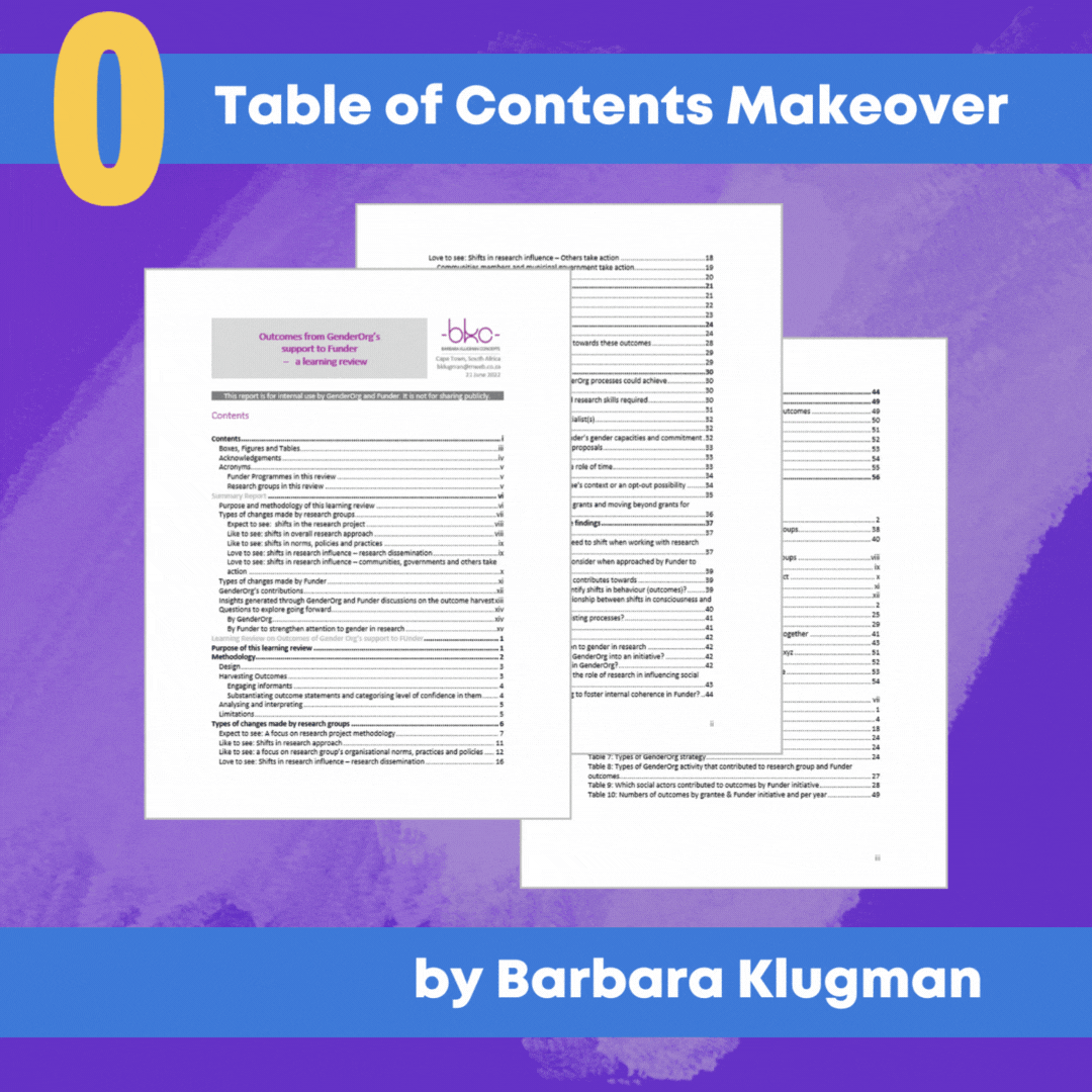 GIF showing the before-after transformation of Barbara Klugman's Table of Contents page.