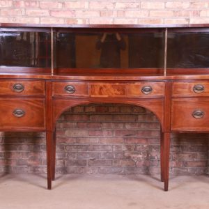 Baker Furniture Federal Mahogany Bow Front Sideboard Credenza With Mirrored Backsplash, Circa 1940s